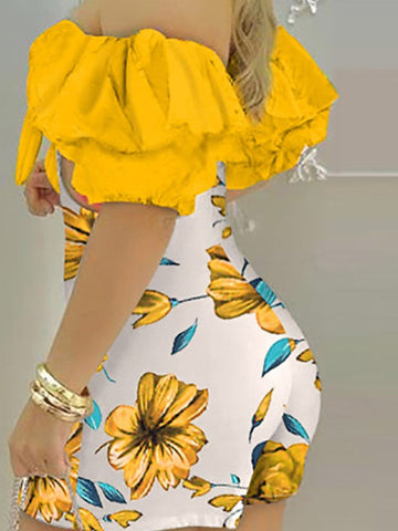 Women's Sheath Dress Sexy Dress Mini Dress Yellow Red Green Short Sleeve Floral Backless Summer Spring Off Shoulder Party