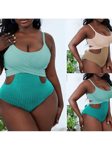 Women's Swimwear One Piece Plus Size Swimsuit Cut Out Plain Green Beige Bodysuit Bathing Suits Sports Summer