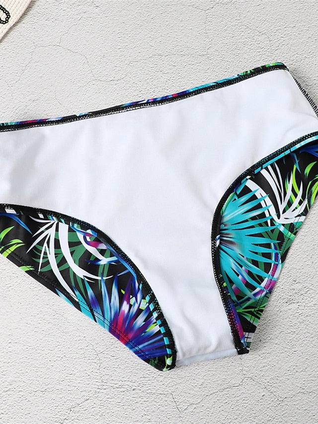 Women's Swimwear Bikini 2 Piece Normal Swimsuit Backless Push Up Printing High Waisted Leaf Blue V Wire Bathing Suits New Vacation Sexy / Modern