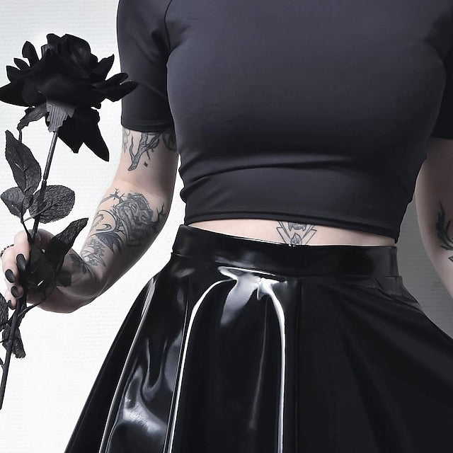 Women's Skirt Swing Mini PU Faux Leather Black Skirts Winter Pleated Ruffle Streetwear Punk & Gothic Club Weekend