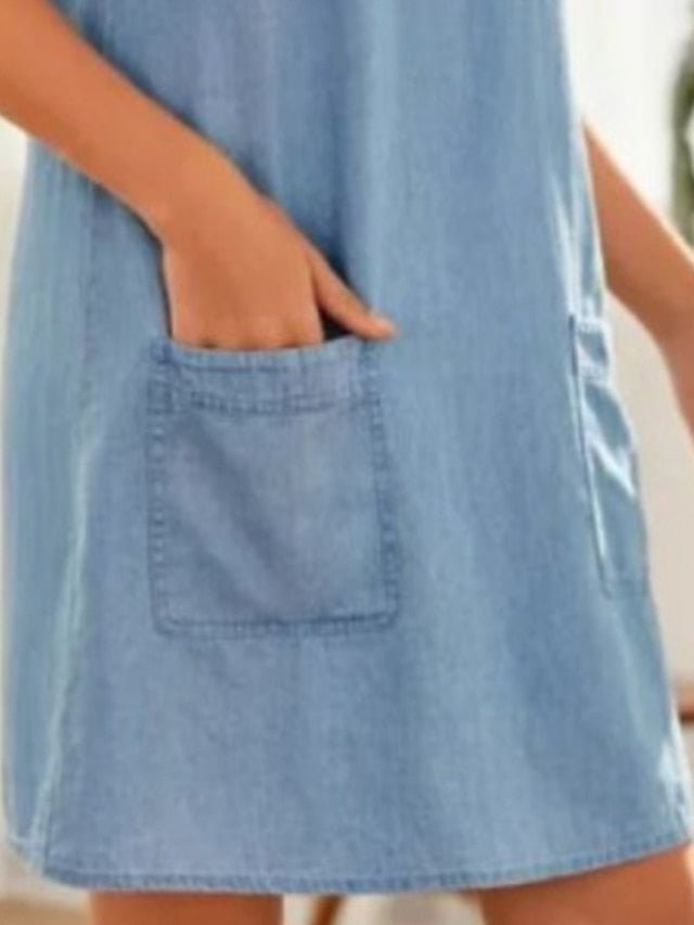 Women's V-Neck Denim Mini Dress with Lace and Buttons - Casual Summer Fashion