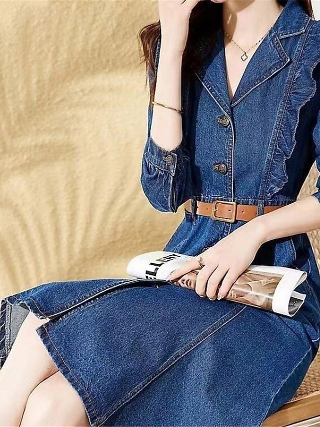 Women's Denim Midi Shirt Dress - Elegant Long Sleeve Ruffle Button for Office & Casual