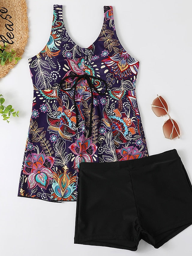 Women's Swimwear Tankini 2 Piece Normal Swimsuit 2 Piece Open Back Printing Floral Leaf Green Black Purple Yellow Rosy Pink Padded V Wire Bathing Suits New Stylish Casual / Vacation / Spa