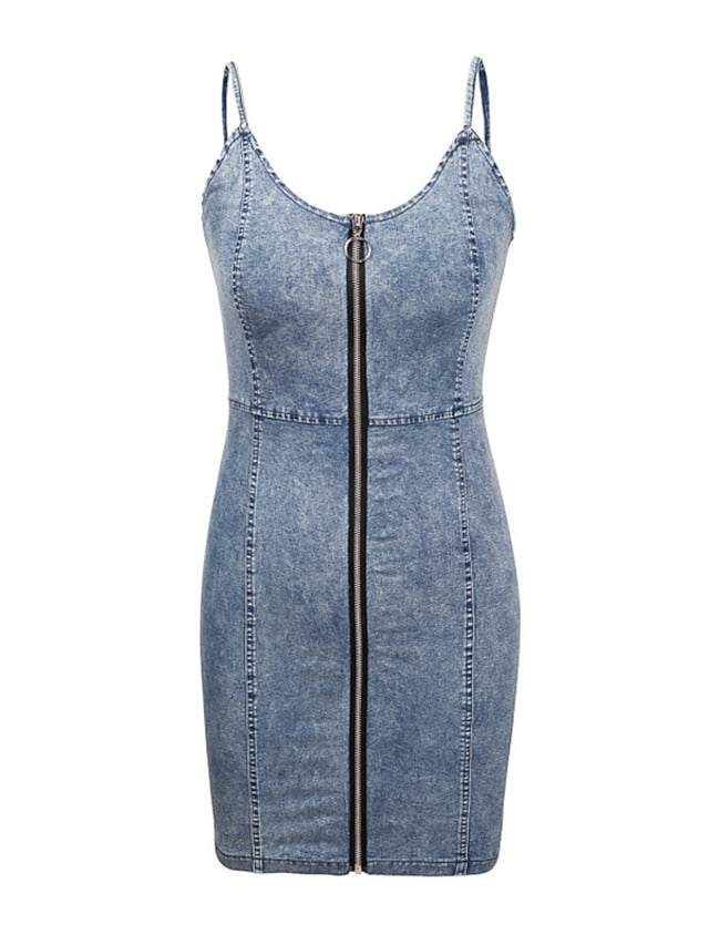 Women's Denim Bodycon Mini Dress with Pockets - Sleeveless Zippered Sheath for Summer