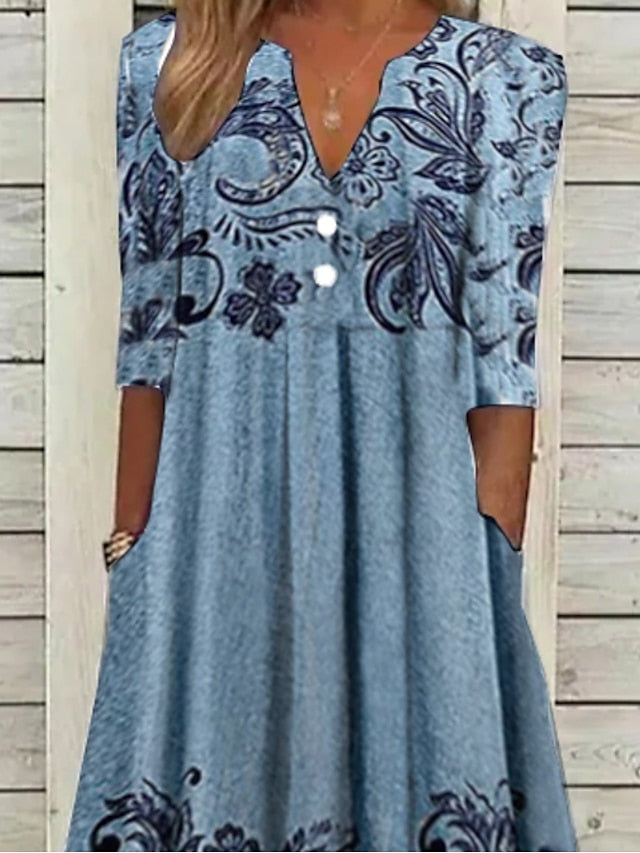 Women's Casual Dress Ethnic Dress Midi Dress Blue Half Sleeve Floral Print Summer Spring V Neck Casual