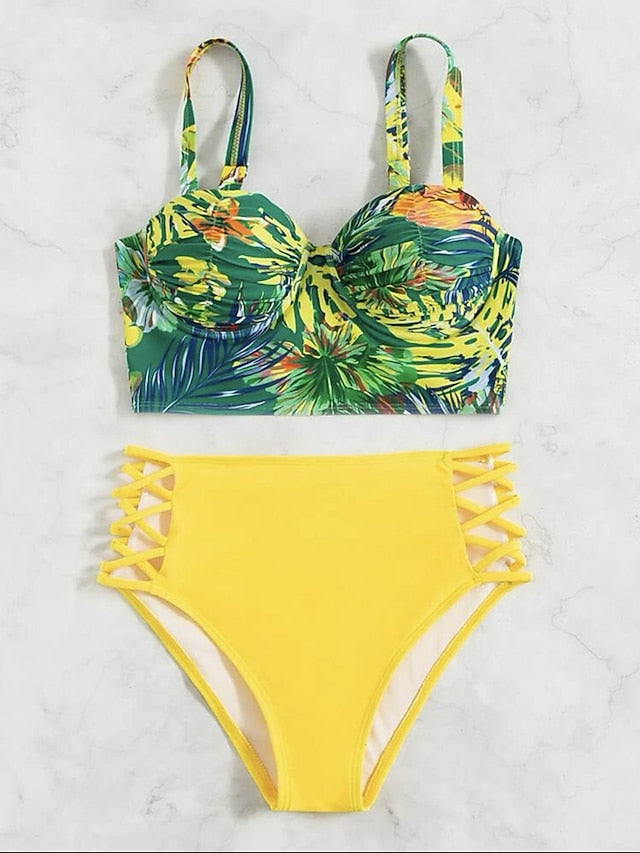 Women's Swimwear Bikini Normal Swimsuit 2 Piece Printing Floral Yellow Red Blue Bathing Suits Sports Beach Wear Summer