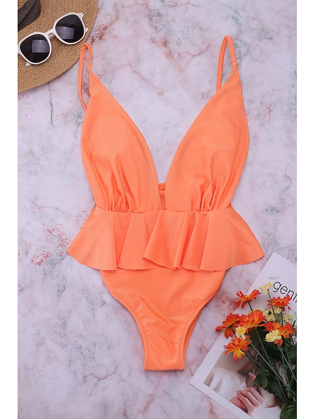 Women's Swimwear One Piece Monokini Normal Swimsuit Tummy Control Ruffle Open Back Solid Color Pink Plunge Bathing Suits New Party Elegant / Sexy / Padded Bras