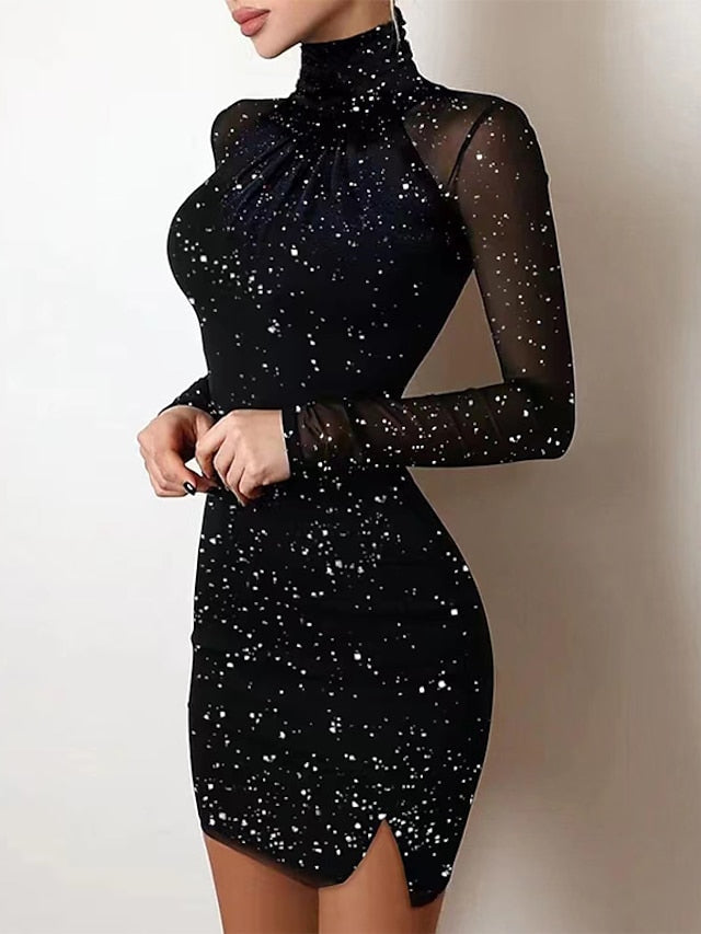 Women‘s Party Dress Wedding Guest Dress Sequin Dress Holiday Dress Mini Dress Black Long Sleeve Pure Color Sequins Winter Fall Spring Turtleneck Fashion Party Winter Dress Birthday