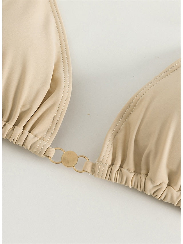 Women's Swimwear Bikini 2 Piece Normal Swimsuit Backless 2 Piece string Pure Color Beige Halter V Wire Bathing Suits New Vacation Fashion