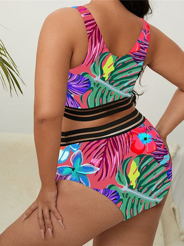 Women's Swimwear Bikini 2 Piece Plus Size Swimsuit Open Back Printing High Waisted Floral Green Blue Purple Red Tank Top V Wire Bathing Suits Sexy Vacation Fashion / Modern / New / Padded Bras