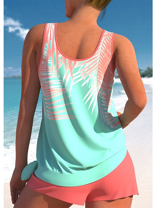 Women's Swimwear Tankini 2 Piece Normal Swimsuit 2 Piece Printing Leaf Green Bathing Suits Sports Beach Wear Summer