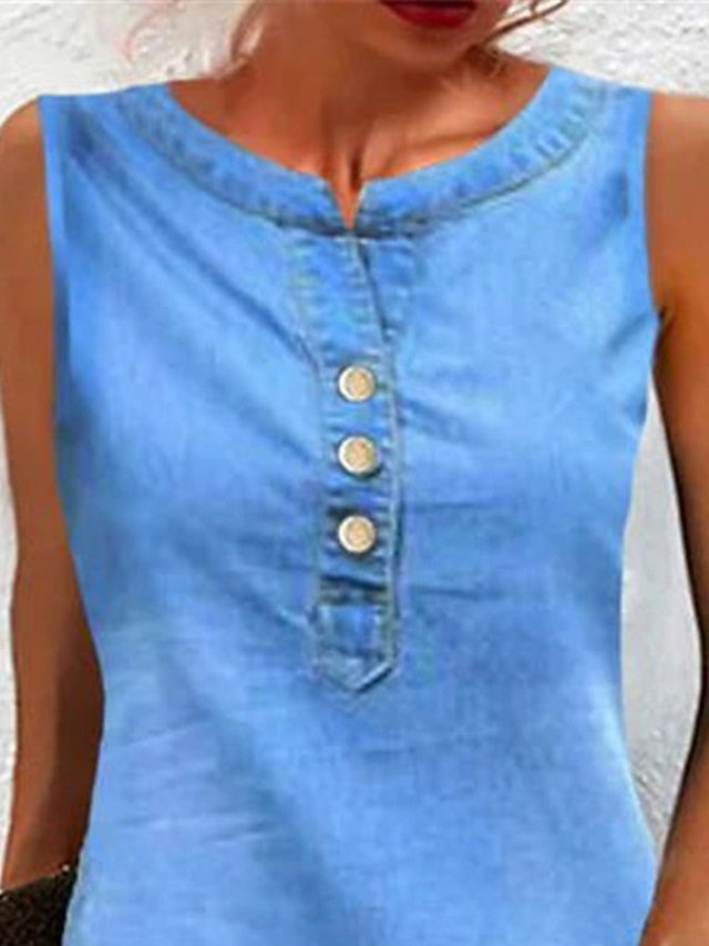 Women's Sleeveless Denim Shift Dress - Casual Mini Dress with Button Detail