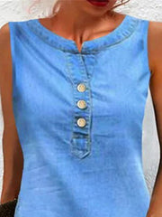 Women's Sleeveless Denim Shift Dress - Casual Mini Dress with Button Detail