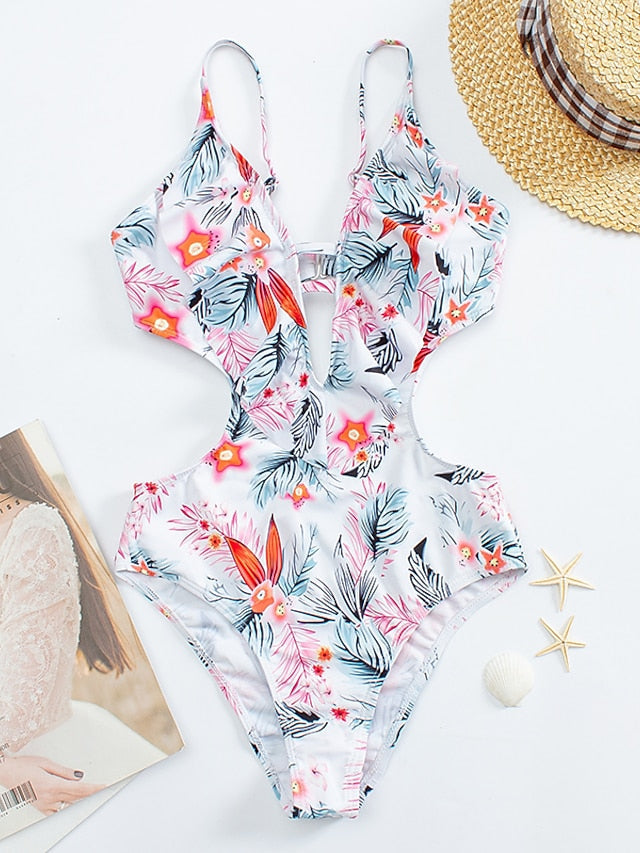 Women's Swimwear One Piece Monokini Bathing Suits trikini Normal Swimsuit Cut Out Slim Floral Print Leaf White Black Yellow Camisole Bodysuit Strap Bathing Suits New Vacation Fashion / Sexy