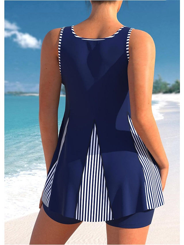 Women's Swimwear Tankini 2 Piece Plus Size Swimsuit 2 Piece Striped Leaves Black Blue Green Tank Top Bathing Suits Sports Summer