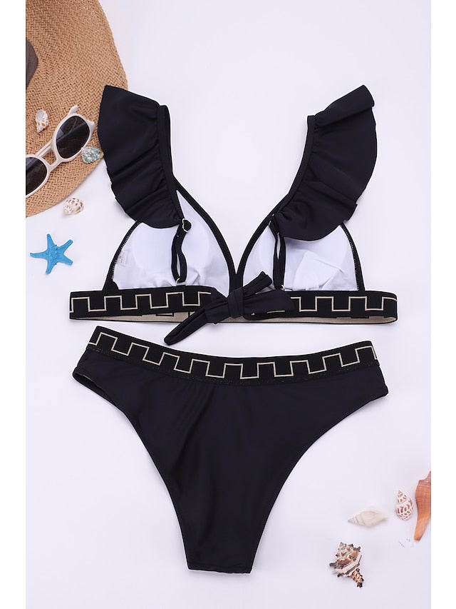 Women's Swimwear Bikini Tankini Normal Swimsuit Tie Knot Ruffle Bow Solid Color Geometric Black Camisole Padded Blouse Plunge Bathing Suits New Party Elegant / Sexy / Padded Bras