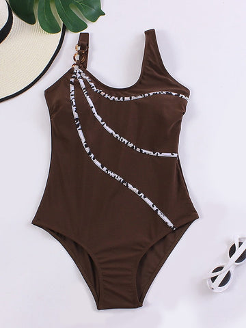 Women's Swimwear One Piece Normal Swimsuit Quick Dry Tummy Control Solid Color Striped Coffee color Black Bodysuit High Neck Bathing Suits Sports Beach Wear Summer