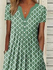 Women's Casual Dress Shift Dress Midi Dress Green Short Sleeve Geometric Ruched Fall Spring Summer V Neck Basic Daily Vacation Summer Dress Loose Fit Print Dresses