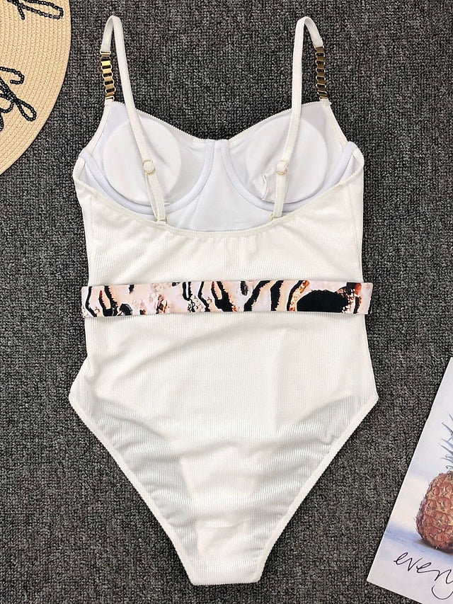 Women's Swimwear One Piece Normal Swimsuit Tummy Control Open Back Triangle Print Solid Color Leopard Black White Pink Purple Brown Padded V Wire Bathing Suits New Vacation Fashion