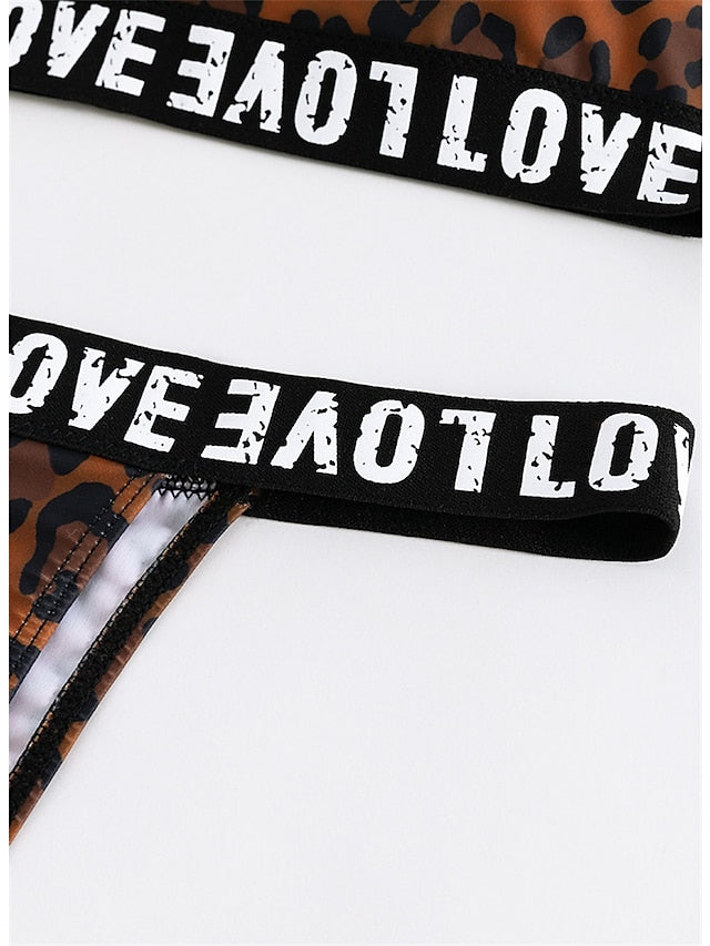 Women's Swimwear Bikini 2 Piece Normal Swimsuit Backless Printing Leopard Letter Brown Halter V Wire Bathing Suits New Vacation Fashion