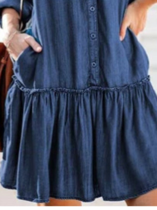 Women's Denim Midi Shirt Dress with Pockets - V Neck Long Sleeve Casual