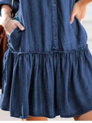 Women's Denim Midi Shirt Dress with Pockets - V Neck Long Sleeve Casual