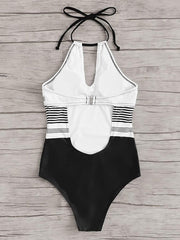 Women's Swimwear One Piece Monokini Bathing Suits Normal Swimsuit Backless Modest Swimwear Tummy Control Cut Out Slim Striped White Halter High Neck Bathing Suits Sports Basic Casual / New