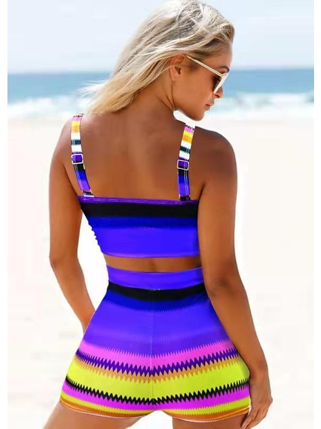 Women's Swimwear Bikini Normal Swimsuit 2 Piece Printing High Waisted Color Block Yellow Red Blue Orange Green Bathing Suits Sports Beach Wear Summer