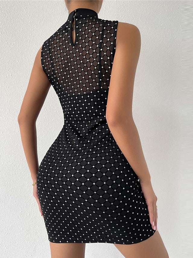 Women's Bodycon Sheath Dress Black Dress Mini Dress Black Sleeveless Polka Dot Mesh Spring Summer Stand Collar Elegant Slim