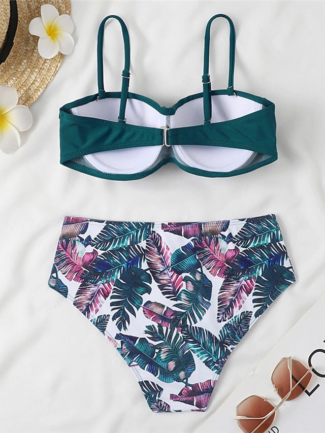 Women's Swimwear Bikini 2 Piece Normal Swimsuit Open Back Printing Floral Leaves Green Black Blue Yellow Royal Blue Strap Bathing Suits Sexy Vacation Fashion / Modern / New / Padded Bras