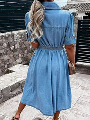 Women's Cotton Denim Maxi Dress - Casual Short Sleeve with Pockets & Button Detail