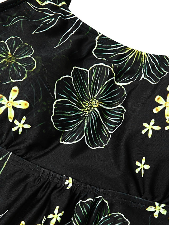 Women's Swimwear Tankini 2 Piece Normal Swimsuit High Waisted Floral Print Golden Black Padded Strap Bathing Suits Sports Vacation Sexy / New