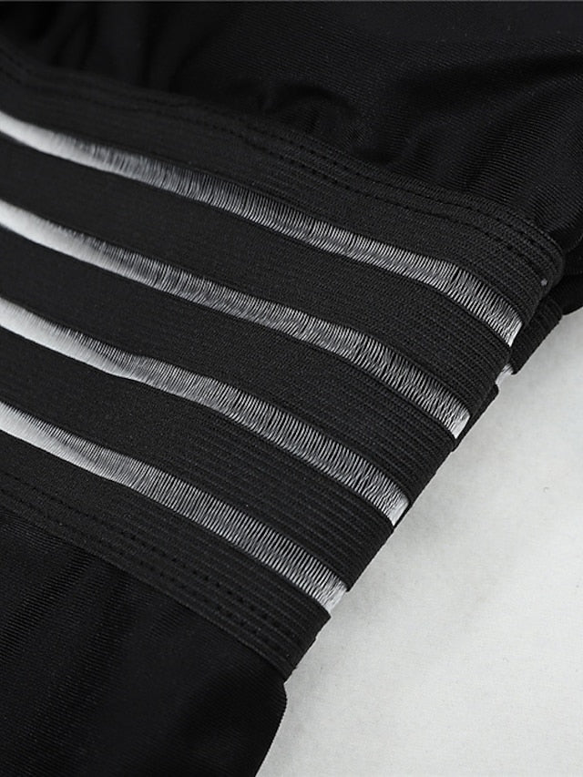 Women's Swimwear One Piece Monokini Normal Swimsuit Tummy Control Slim Solid Color Striped Black Bathing Suits Sports Sports Basic