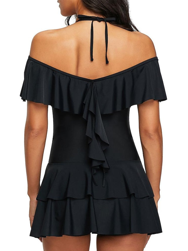 Women's Swimwear Swimdresses Normal Swimsuit Ruffle 2 Piece Plain Black Bathing Suits Sports Beach Wear Summer