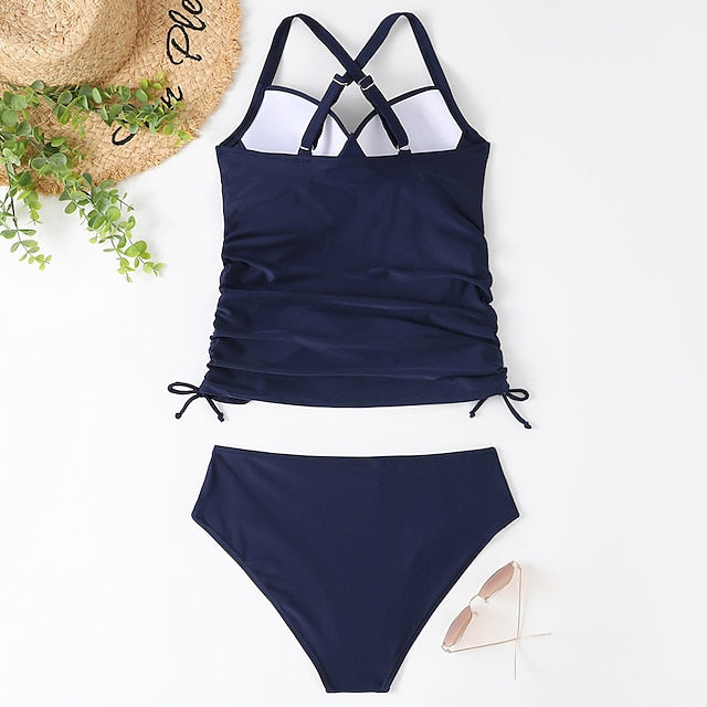Women's Swimwear Tankini 2 Piece Normal Swimsuit 2 Piece Tummy Control Solid Color Leopard Print Black Army Green Navy Blue Blue Tank Top Bathing Suits Sports Summer