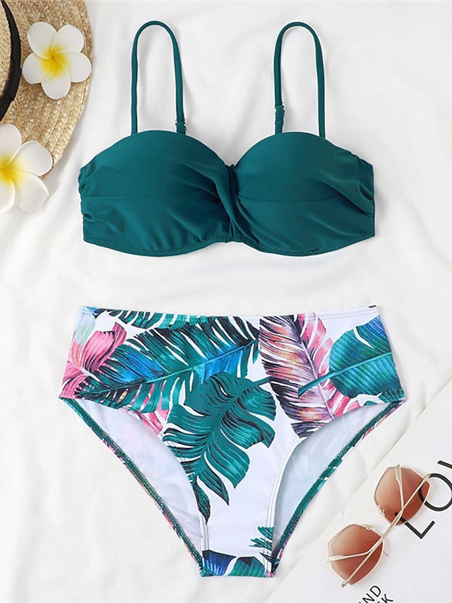 Women's Swimwear Bikini 2 Piece Normal Swimsuit Open Back Printing Floral Leaves Green Black Blue Yellow Royal Blue Strap Bathing Suits Sexy Vacation Fashion / Modern / New / Padded Bras