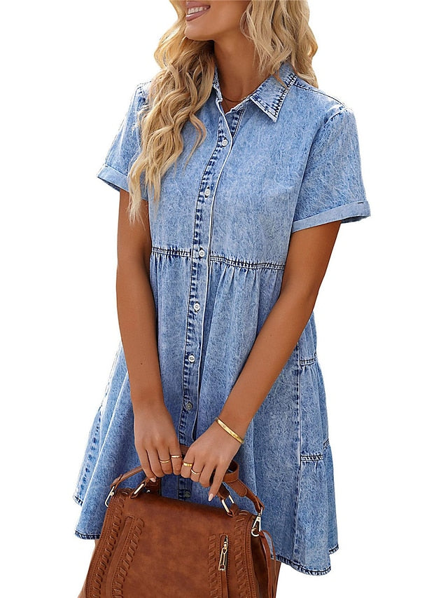 Women's Denim Shift Dress - Casual Mini Shirt Dress with Pockets, Short Sleeve