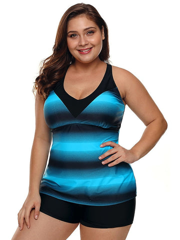 Women's Swimwear Tankini 2 Piece Plus Size Swimsuit Push Up for Big Busts Striped Green Blue Purple Padded Scoop Neck Bathing Suits Sports Basic Vacation / New / Padded Bras
