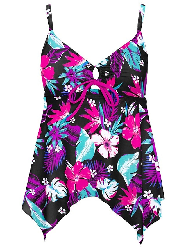 Women's Swimwear Tankini Beach Top Normal Swimsuit Modest Swimwear Hollow Out Tie Knot Open Back Print Floral Color Block Purple Blouse T shirt Tee Strap Bathing Suits New Party Vacation / Sexy