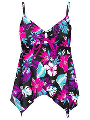 Women's Swimwear Tankini Beach Top Normal Swimsuit Modest Swimwear Hollow Out Tie Knot Open Back Print Floral Color Block Purple Blouse T shirt Tee Strap Bathing Suits New Party Vacation / Sexy