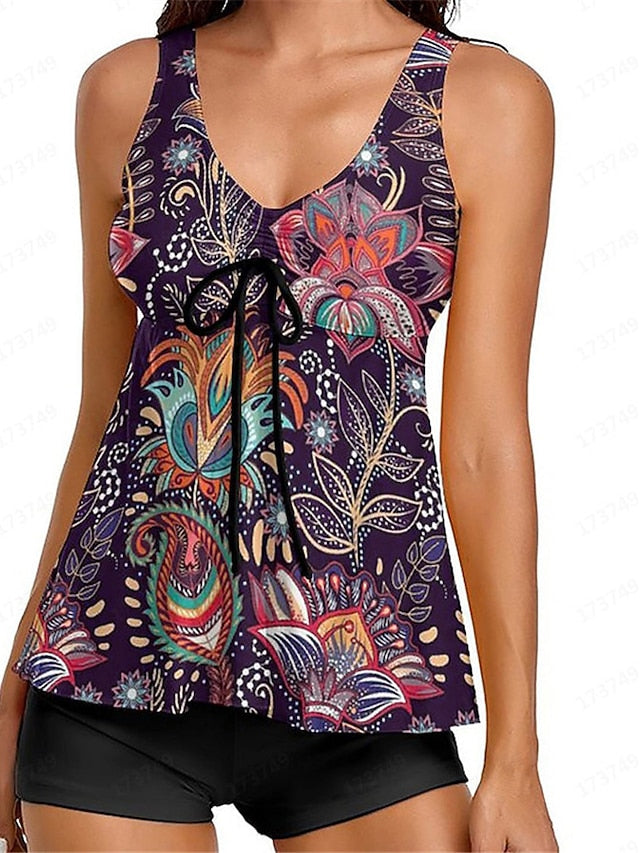 Women's Swimwear Tankini 2 Piece Normal Swimsuit Open Back Printing Floral White Black Vest V Wire Bathing Suits New Vacation Fashion / Modern