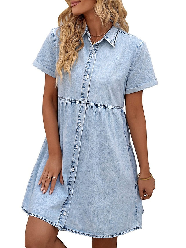 Women's Denim Shift Dress - Casual Mini Shirt Dress with Pockets, Short Sleeve