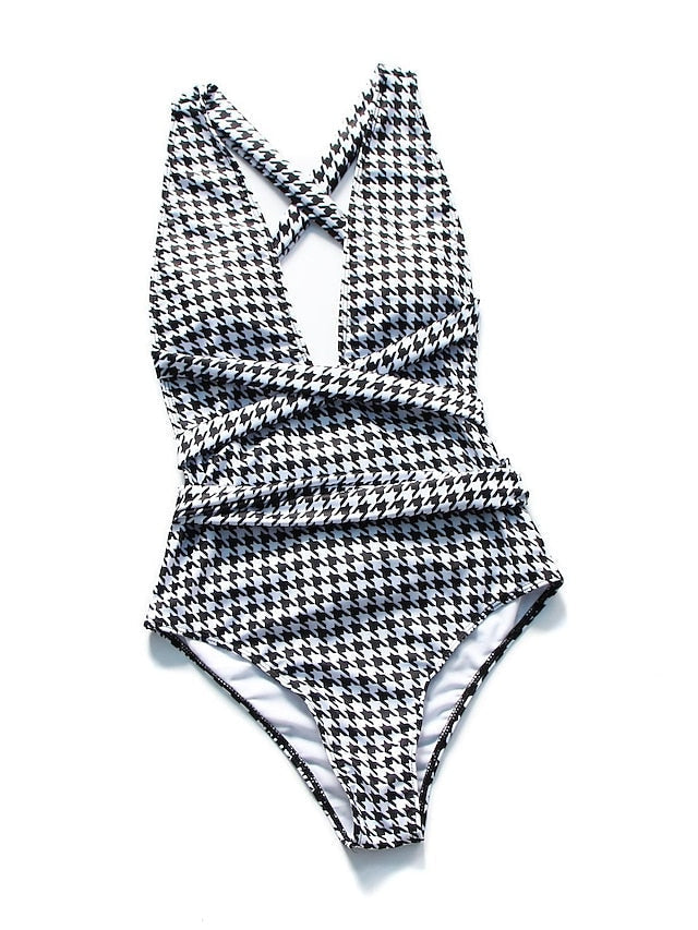 Women's Swimwear One Piece Normal Swimsuit Lace up Tummy Control Printing Houndstooth Black Bodysuit Bathing Suits Sports Beach Wear Summer