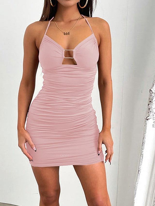 Women's Bodycon Sheath Dress Sexy Dress Mini Dress Black White Pink Sleeveless Pure Color Ruched Summer Spring Halter Party Slim