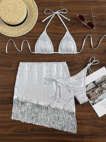 Women's Swimwear Bikini Three Piece Normal Swimsuit Tassel Fringe Backless High Waisted string Pure Color Silver Halter V Wire Bathing Suits New Vacation Sexy