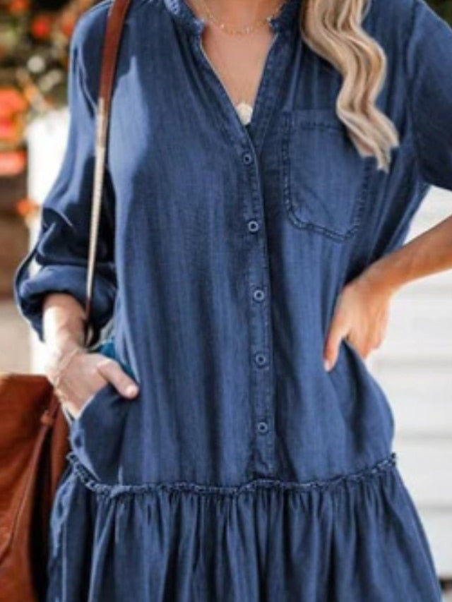 Women's Denim Midi Shirt Dress with Pockets - V Neck Long Sleeve Casual