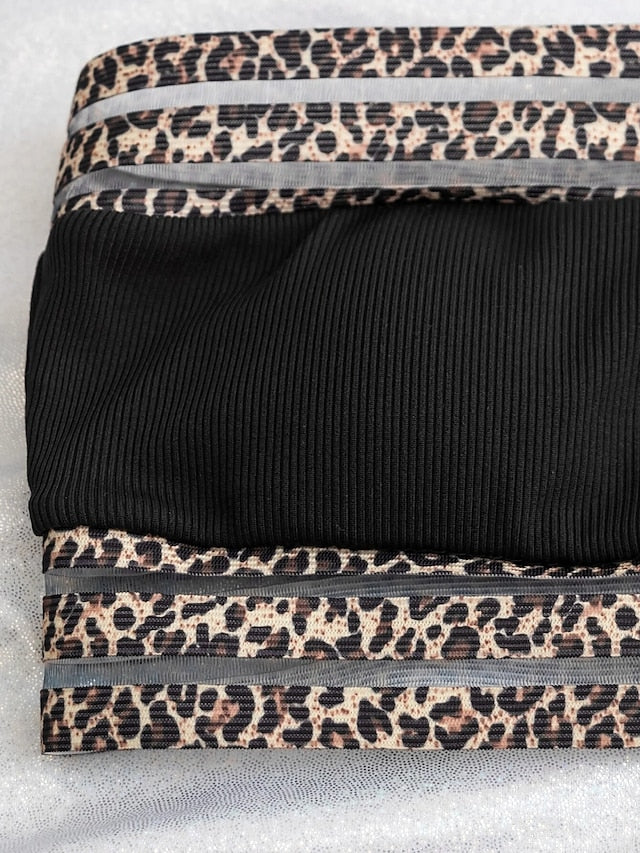 Women's Swimwear Bikini 2 Piece Normal Swimsuit Backless Printing High Waisted Leopard Black Strapless Bathing Suits New Vacation Sexy / Modern