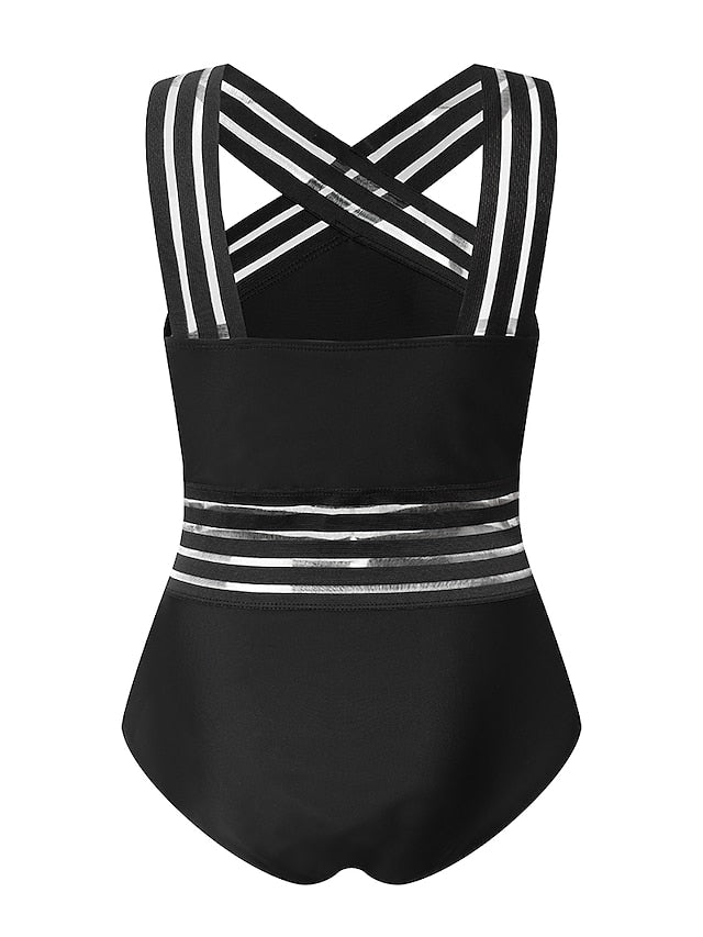 Women's Swimwear One Piece Monokini Normal Swimsuit Tummy Control Slim Solid Color Striped Black Bathing Suits Sports Sports Basic