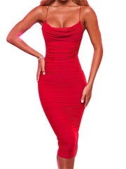 Women's Party Dress Bodycon Sheath Dress Midi Dress Black Red Sleeveless Pure Color Ruched Summer Spring Spaghetti Strap Party Vacation Summer Dress Slim