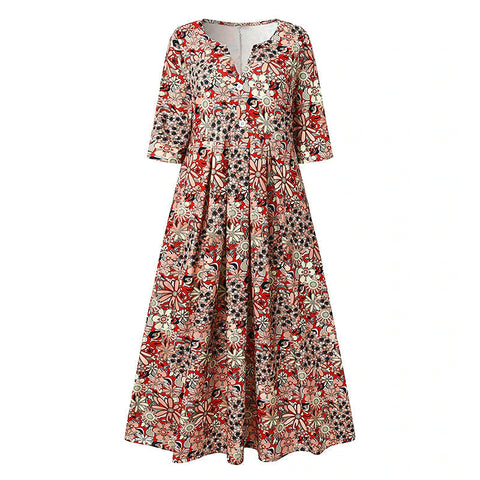 Women's Casual Dress Ethnic Dress Midi Dress Red Half Sleeve Floral Print Fall Spring Summer V Neck Casual Vacation Print Dresses